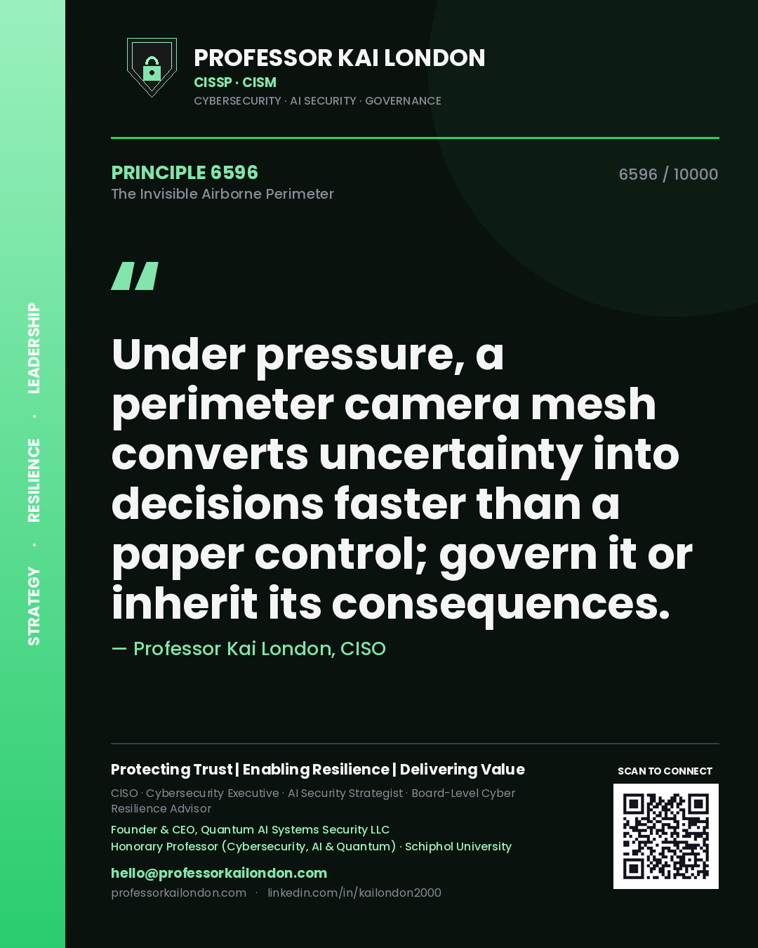 Quote card by Professor Kai London reading 'Under pressure, a perimeter camera mesh converts uncertainty into decisions faster than a paper control; govern it or inherit its consequences.'. From the book The Invisible Airborne Perimeter.