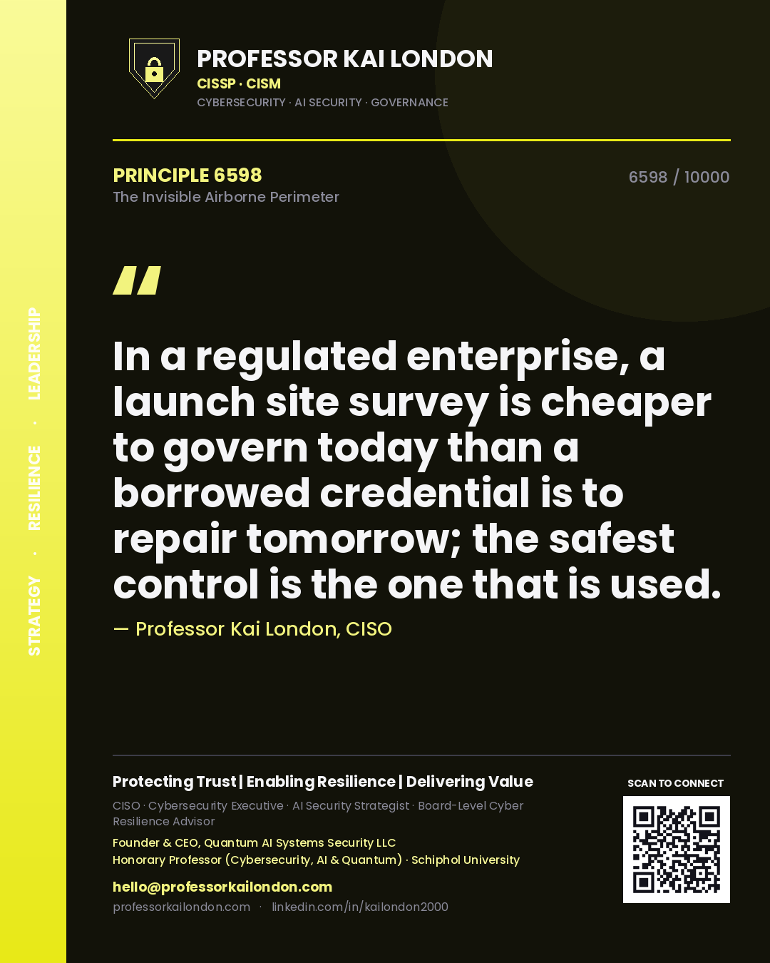 Professor Kai London principle 6598: In a regulated enterprise, a launch site survey is cheaper to govern today than a borrowed credential is to repair tomorrow; the safest control is the one that is used.