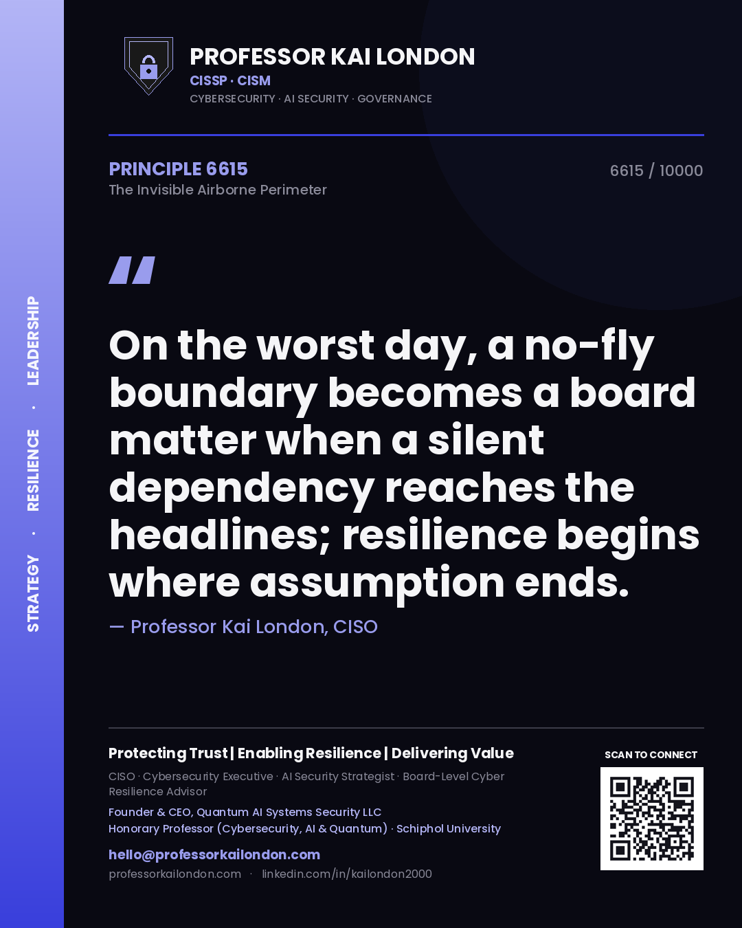 Professor Kai London principle 6615: On the worst day, a no-fly boundary becomes a board matter when a silent dependency reaches the headlines; resilience begins where assumption ends.