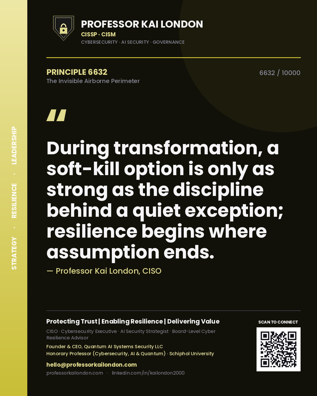 Professor Kai London principle 6632: During transformation, a soft-kill option is only as strong as the discipline behind a quiet exception; resilience begins where assumption ends.