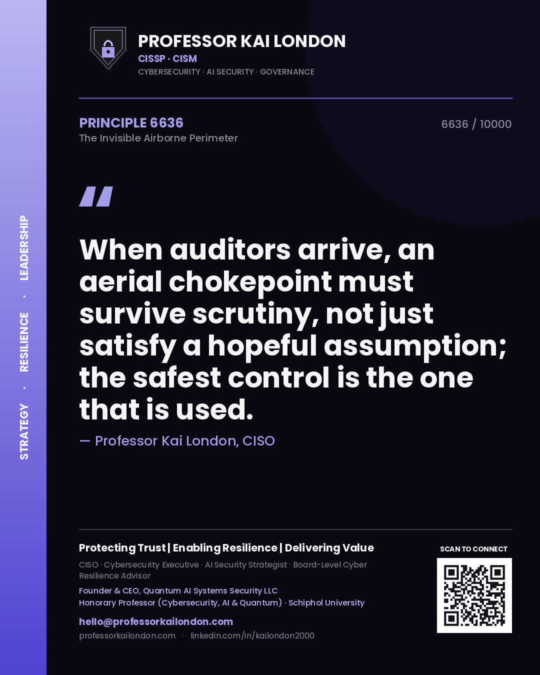 Quote card by Professor Kai London reading 'When auditors arrive, an aerial chokepoint must survive scrutiny, not just satisfy a hopeful assumption; the safest control is the one that is used.'. From the book The Invisible Airborne Perimeter.