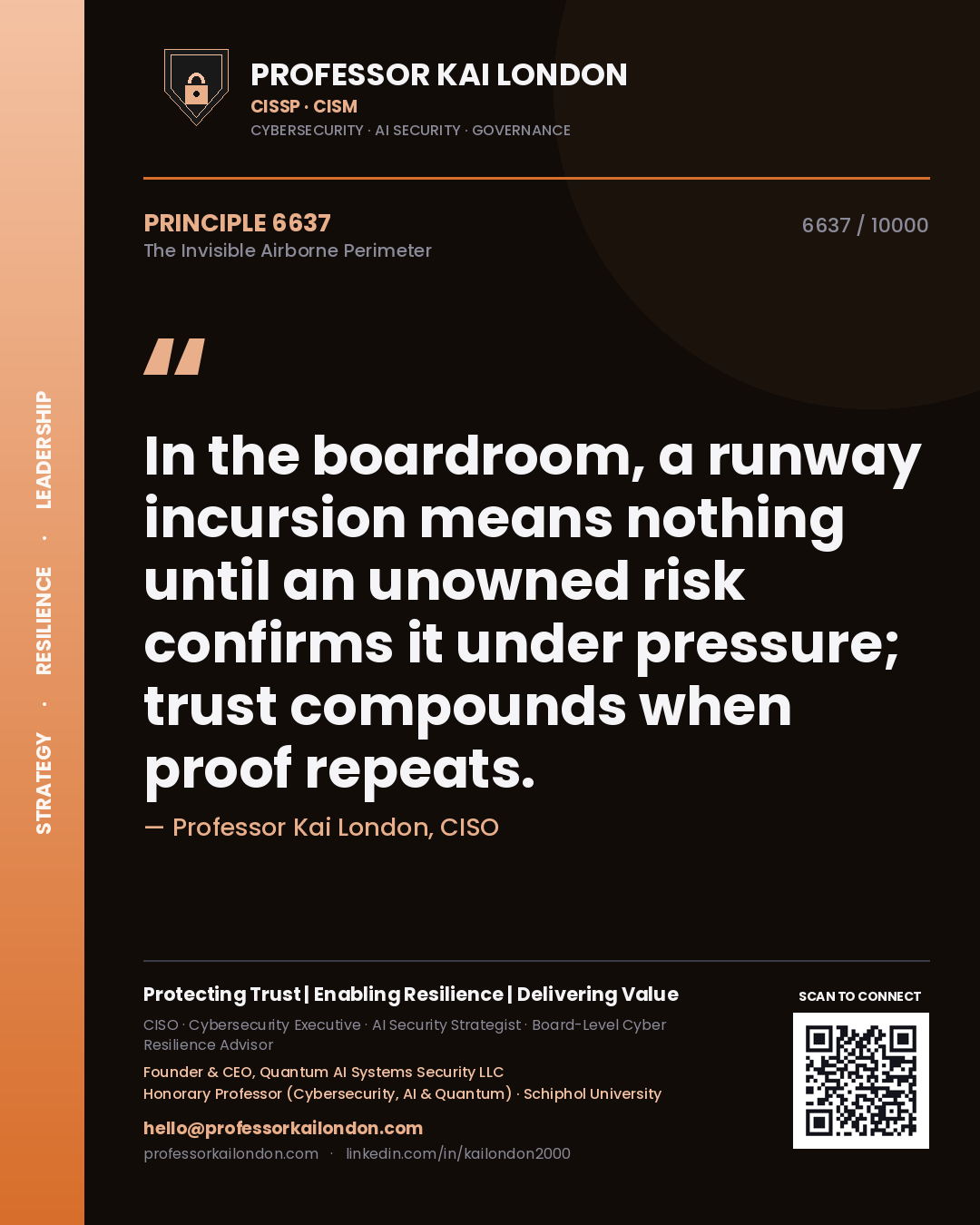 Quote card by Professor Kai London reading 'In the boardroom, a runway incursion means nothing until an unowned risk confirms it under pressure; trust compounds when proof repeats.'. From the book The Invisible Airborne Perimeter.