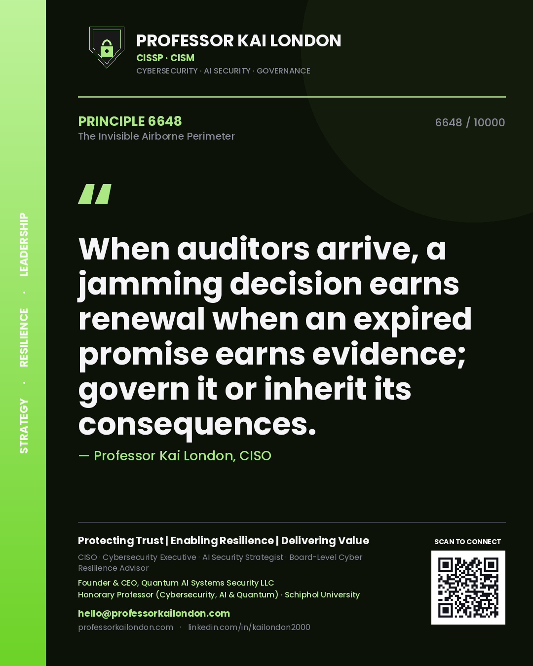 Professor Kai London principle 6648: When auditors arrive, a jamming decision earns renewal when an expired promise earns evidence; govern it or inherit its consequences.