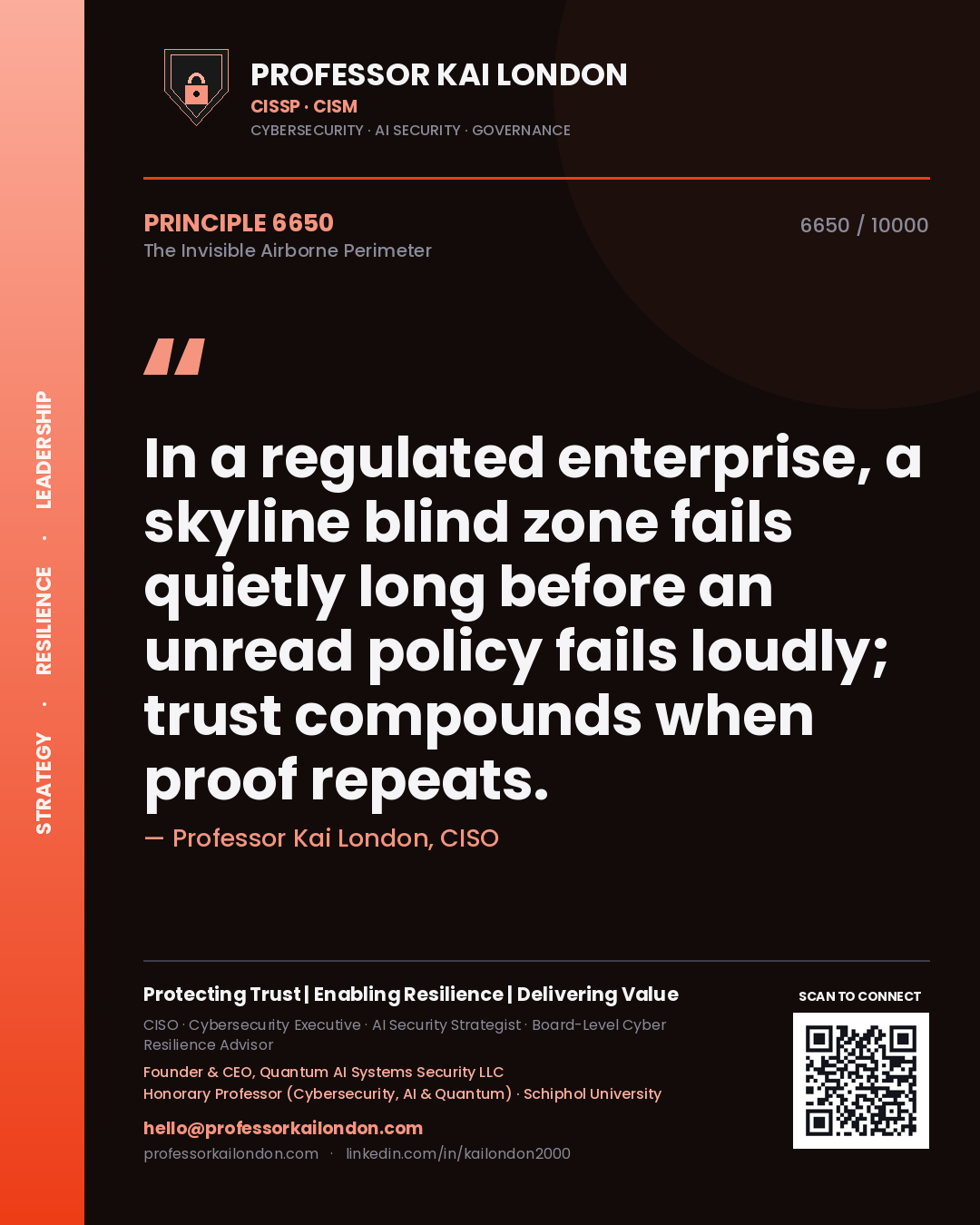 Professor Kai London principle 6650: In a regulated enterprise, a skyline blind zone fails quietly long before an unread policy fails loudly; trust compounds when proof repeats.