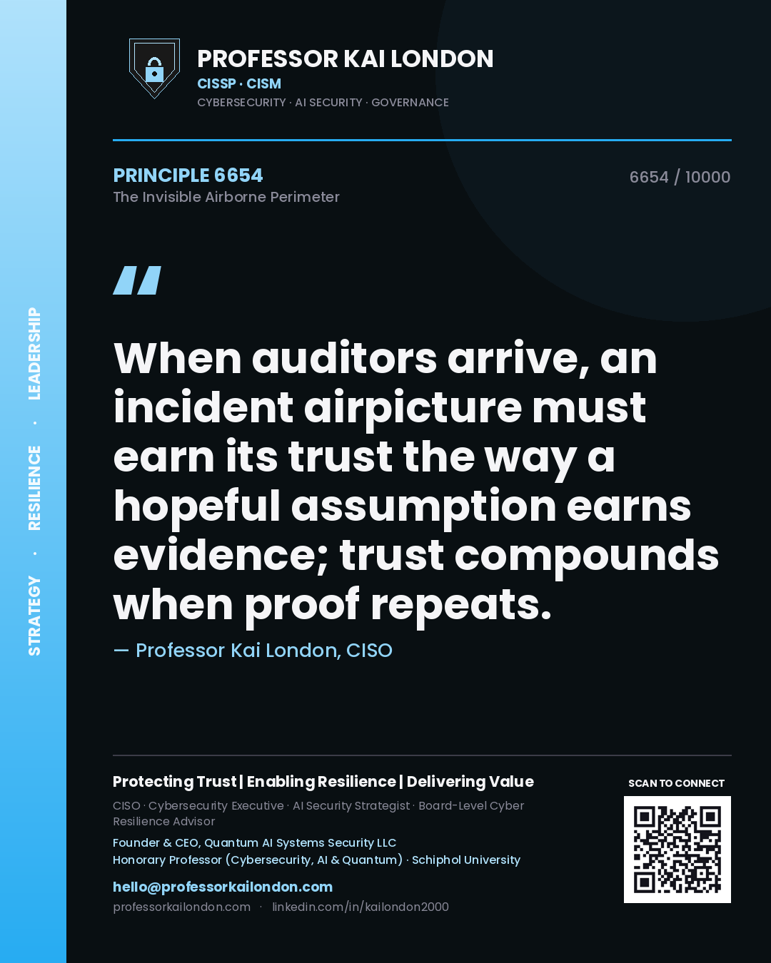 Quote card by Professor Kai London reading 'When auditors arrive, an incident airpicture must earn its trust the way a hopeful assumption earns evidence; trust compounds when proof repeats.'. From the book The Invisible Airborne Perimeter.