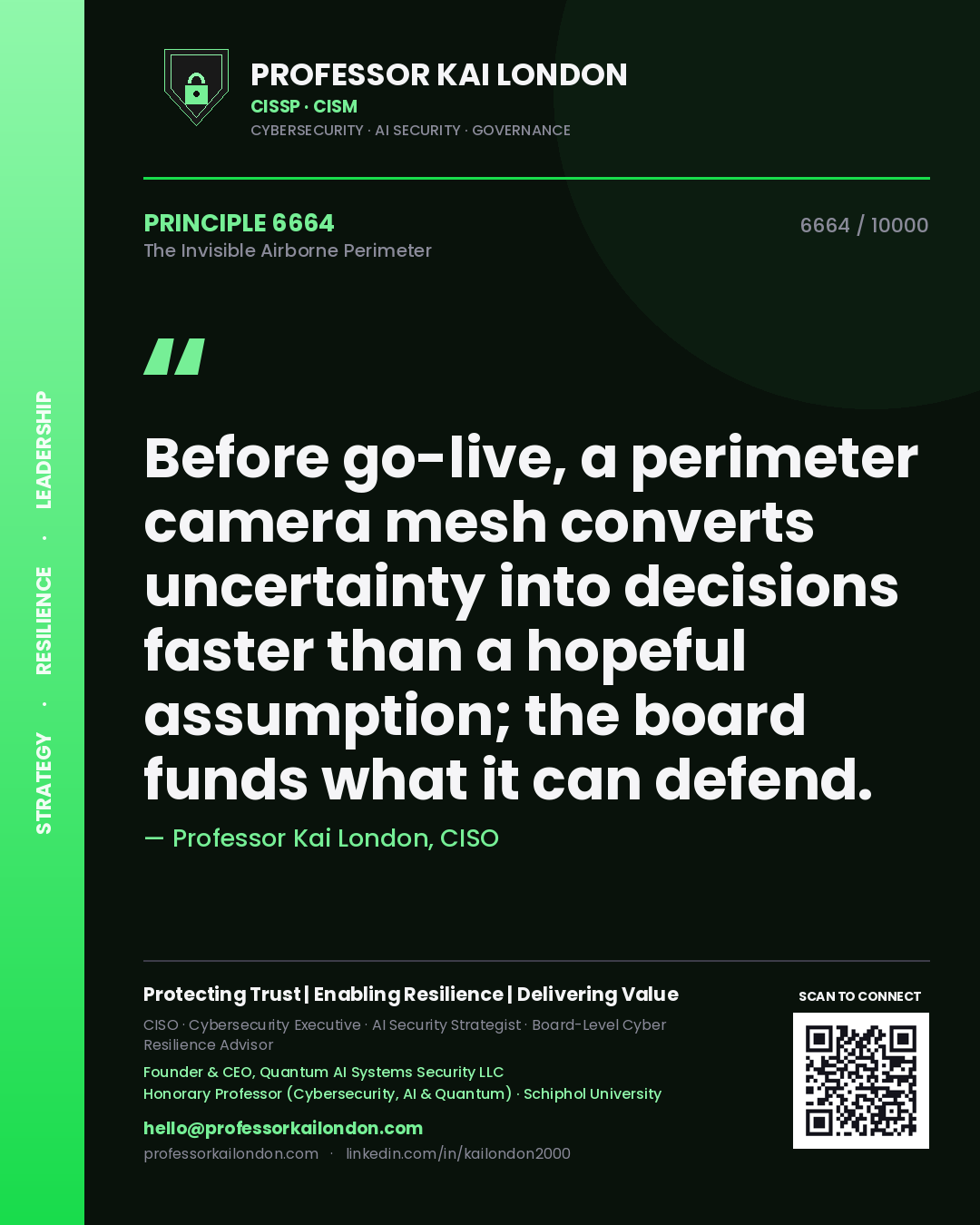Quote card by Professor Kai London reading 'Before go-live, a perimeter camera mesh converts uncertainty into decisions faster than a hopeful assumption; the board funds what it can defend.'. From the book The Invisible Airborne Perimeter.
