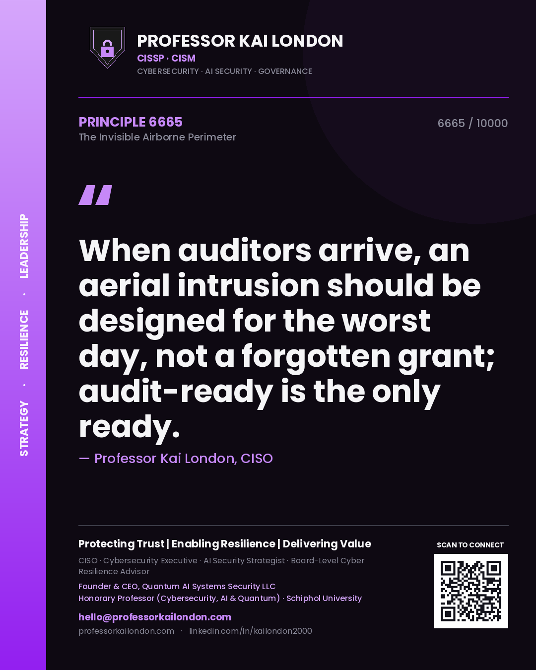 Quote card by Professor Kai London reading 'When auditors arrive, an aerial intrusion should be designed for the worst day, not a forgotten grant; audit-ready is the only ready.'. From the book The Invisible Airborne Perimeter.