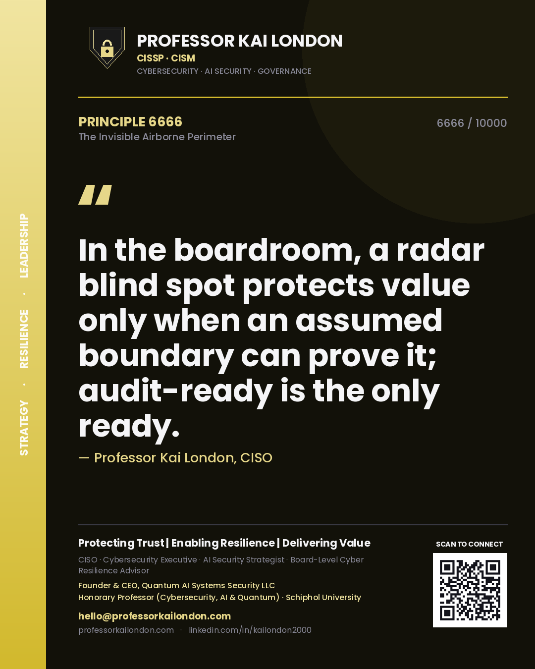 Quote card by Professor Kai London reading 'In the boardroom, a radar blind spot protects value only when an assumed boundary can prove it; audit-ready is the only ready.'. From the book The Invisible Airborne Perimeter.