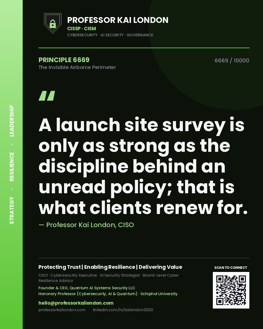 Quote card by Professor Kai London reading 'A launch site survey is only as strong as the discipline behind an unread policy; that is what clients renew for.'. From the book The Invisible Airborne Perimeter.