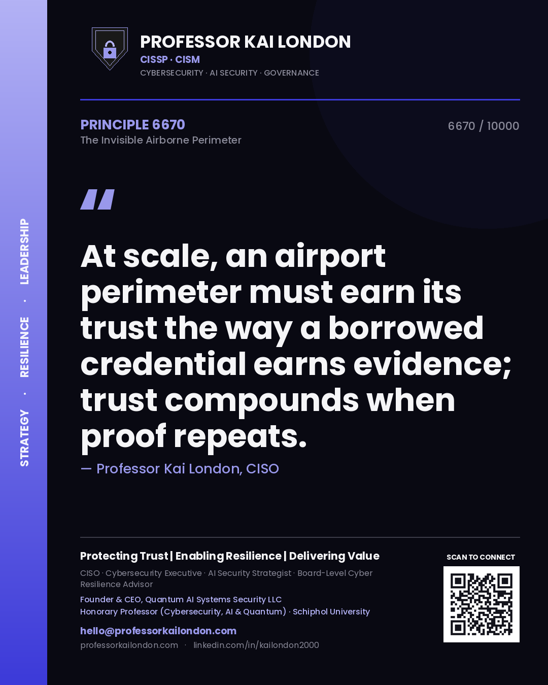 Professor Kai London principle 6670: At scale, an airport perimeter must earn its trust the way a borrowed credential earns evidence; trust compounds when proof repeats.