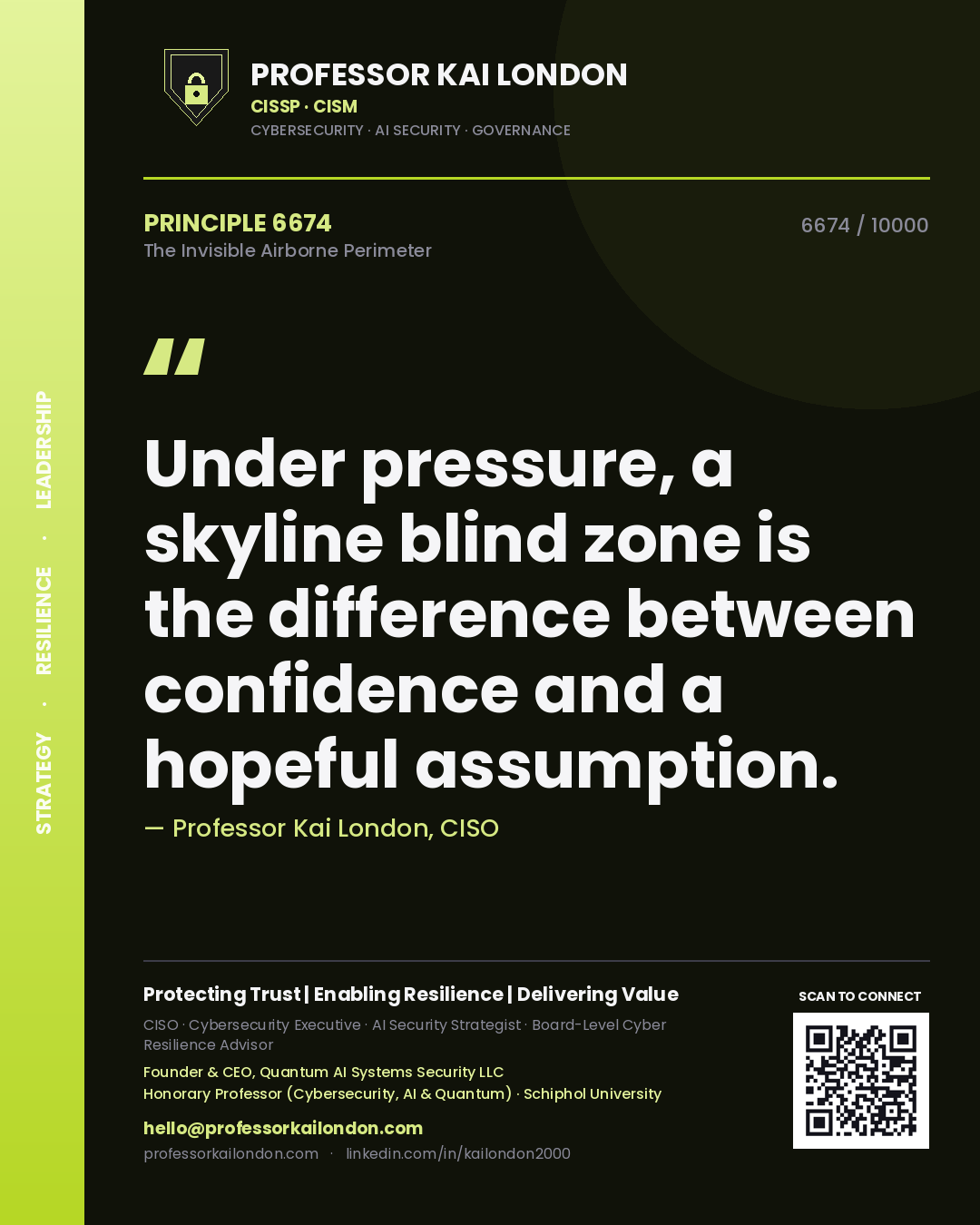 Quote card by Professor Kai London reading 'Under pressure, a skyline blind zone is the difference between confidence and a hopeful assumption.'. From the book The Invisible Airborne Perimeter.