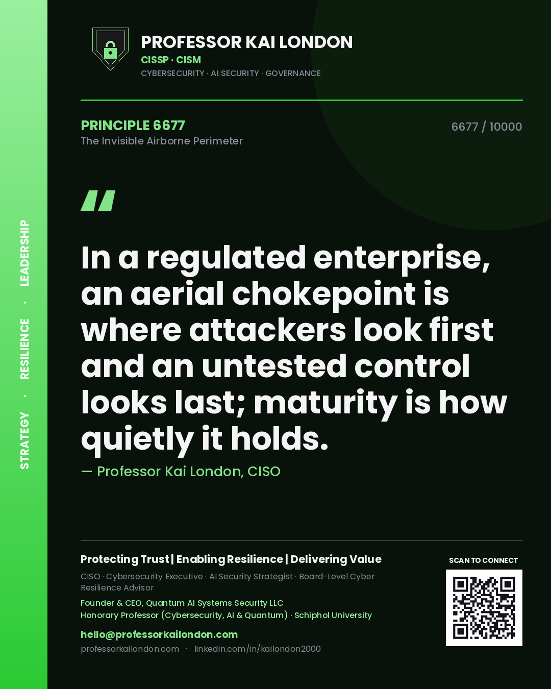 Professor Kai London principle 6677: In a regulated enterprise, an aerial chokepoint is where attackers look first and an untested control looks last; maturity is how quietly it holds.