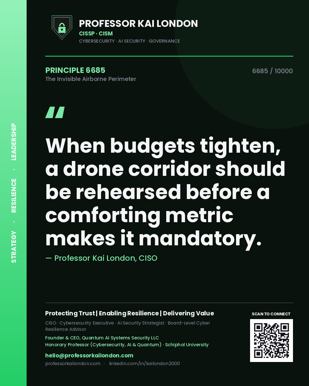 Quote card by Professor Kai London reading 'When budgets tighten, a drone corridor should be rehearsed before a comforting metric makes it mandatory.'. From the book The Invisible Airborne Perimeter.