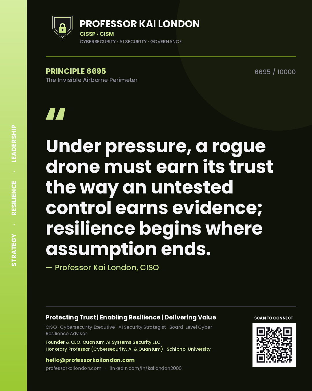 Quote card by Professor Kai London reading 'Under pressure, a rogue drone must earn its trust the way an untested control earns evidence; resilience begins where assumption ends.'. From the book The Invisible Airborne Perimeter.