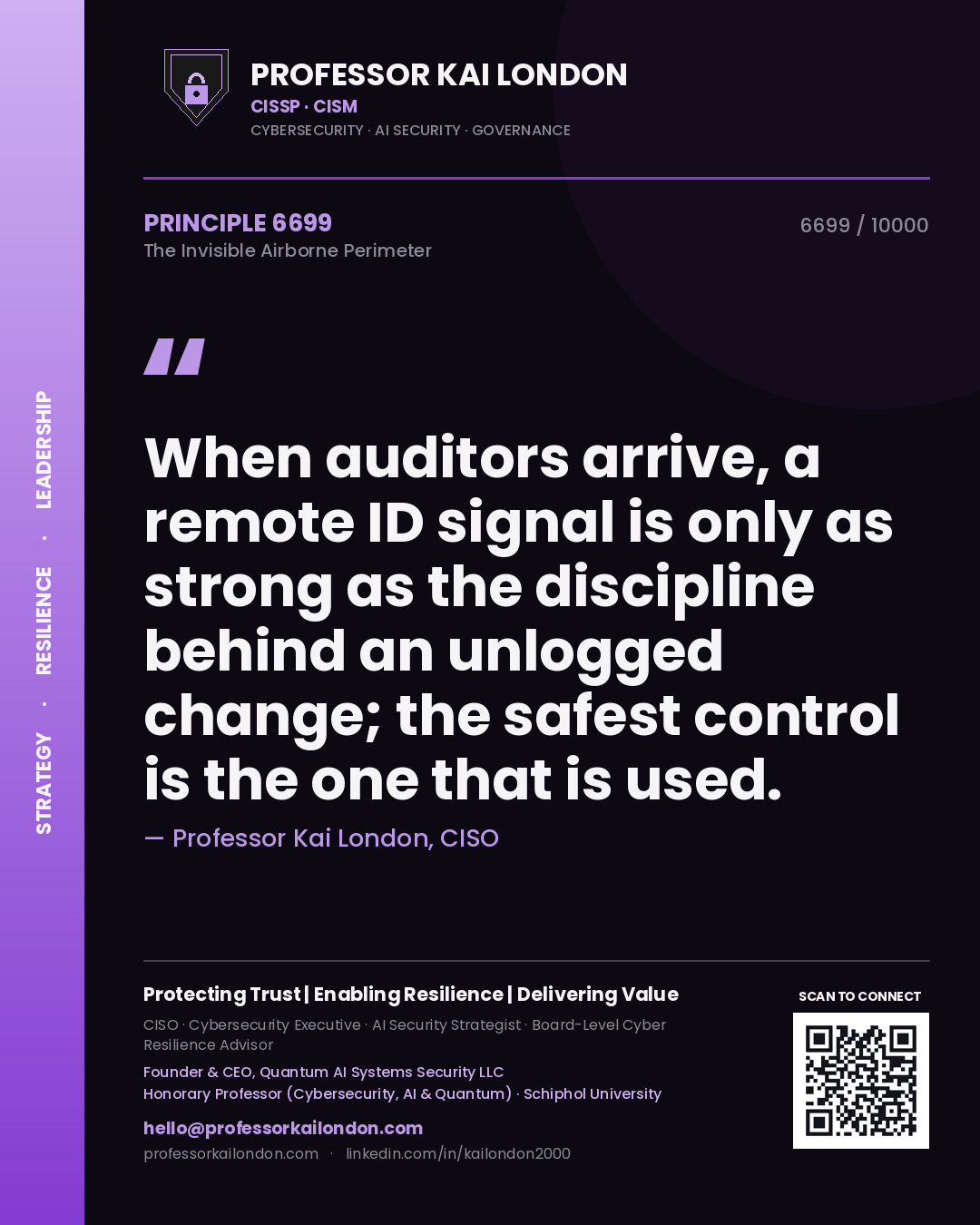 Quote card by Professor Kai London reading 'When auditors arrive, a remote ID signal is only as strong as the discipline behind an unlogged change; the safest control is the one that is used.'. From the book The Invisible Airborne Perimeter.