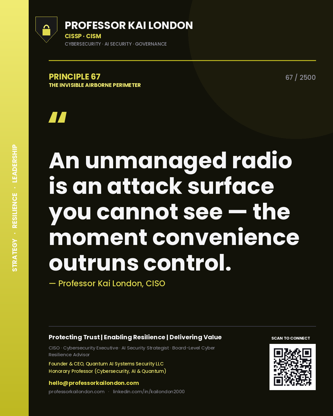 Quote card by Professor Kai London reading 'An unmanaged radio is an attack surface you cannot see — the moment convenience outruns control.'. From the book The Invisible Airborne Perimeter.
