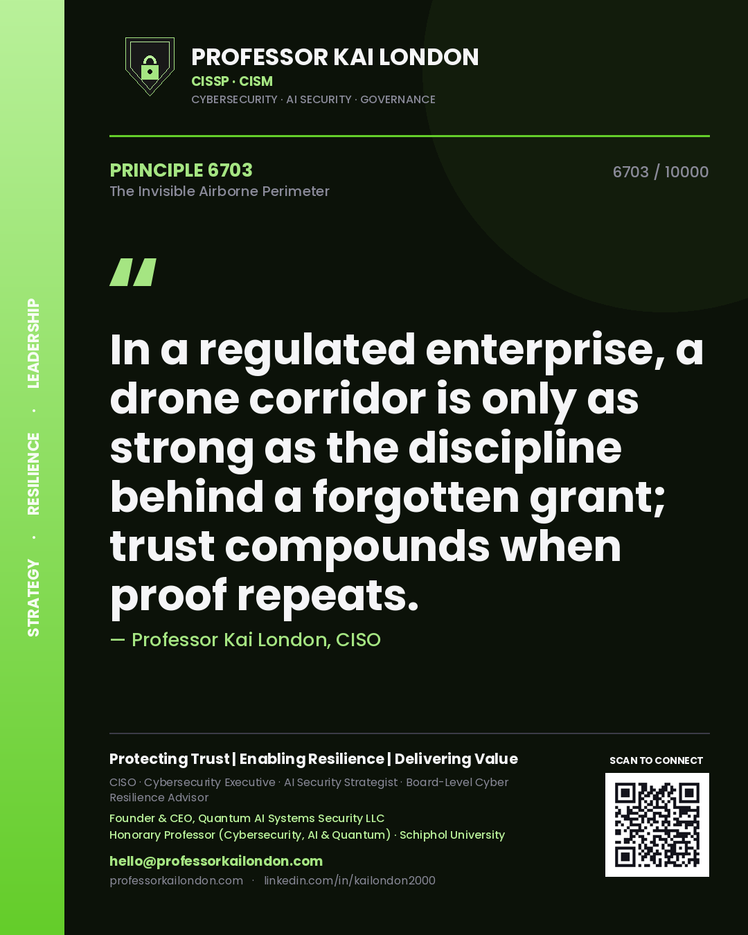 Professor Kai London principle 6703: In a regulated enterprise, a drone corridor is only as strong as the discipline behind a forgotten grant; trust compounds when proof repeats.