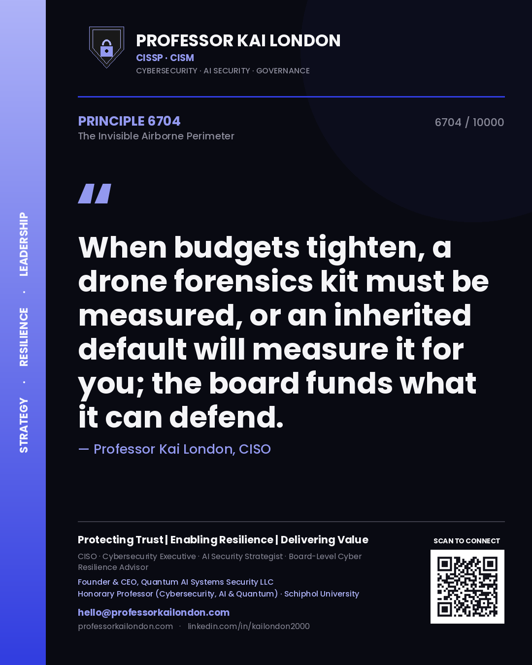 Professor Kai London principle 6704: When budgets tighten, a drone forensics kit must be measured, or an inherited default will measure it for you; the board funds what it can defend.