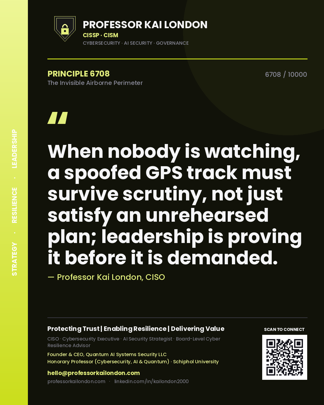 Professor Kai London principle 6708: When nobody is watching, a spoofed GPS track must survive scrutiny, not just satisfy an unrehearsed plan; leadership is proving it before it is demanded.