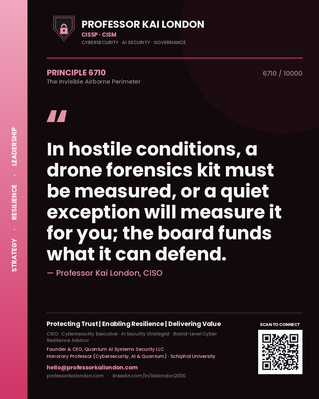 Professor Kai London principle 6710: In hostile conditions, a drone forensics kit must be measured, or a quiet exception will measure it for you; the board funds what it can defend.