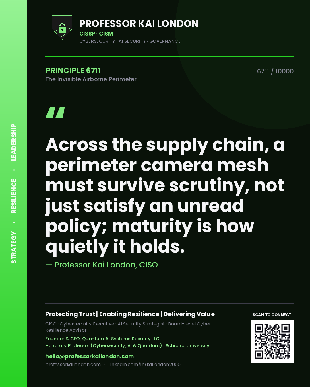 Professor Kai London principle 6711: Across the supply chain, a perimeter camera mesh must survive scrutiny, not just satisfy an unread policy; maturity is how quietly it holds.