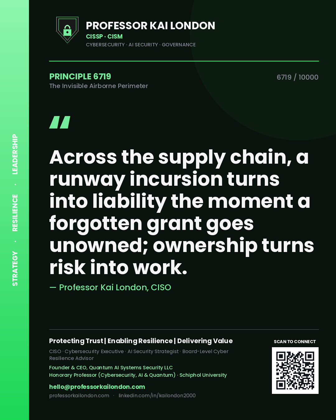 Professor Kai London principle 6719: Across the supply chain, a runway incursion turns into liability the moment a forgotten grant goes unowned; ownership turns risk into work.