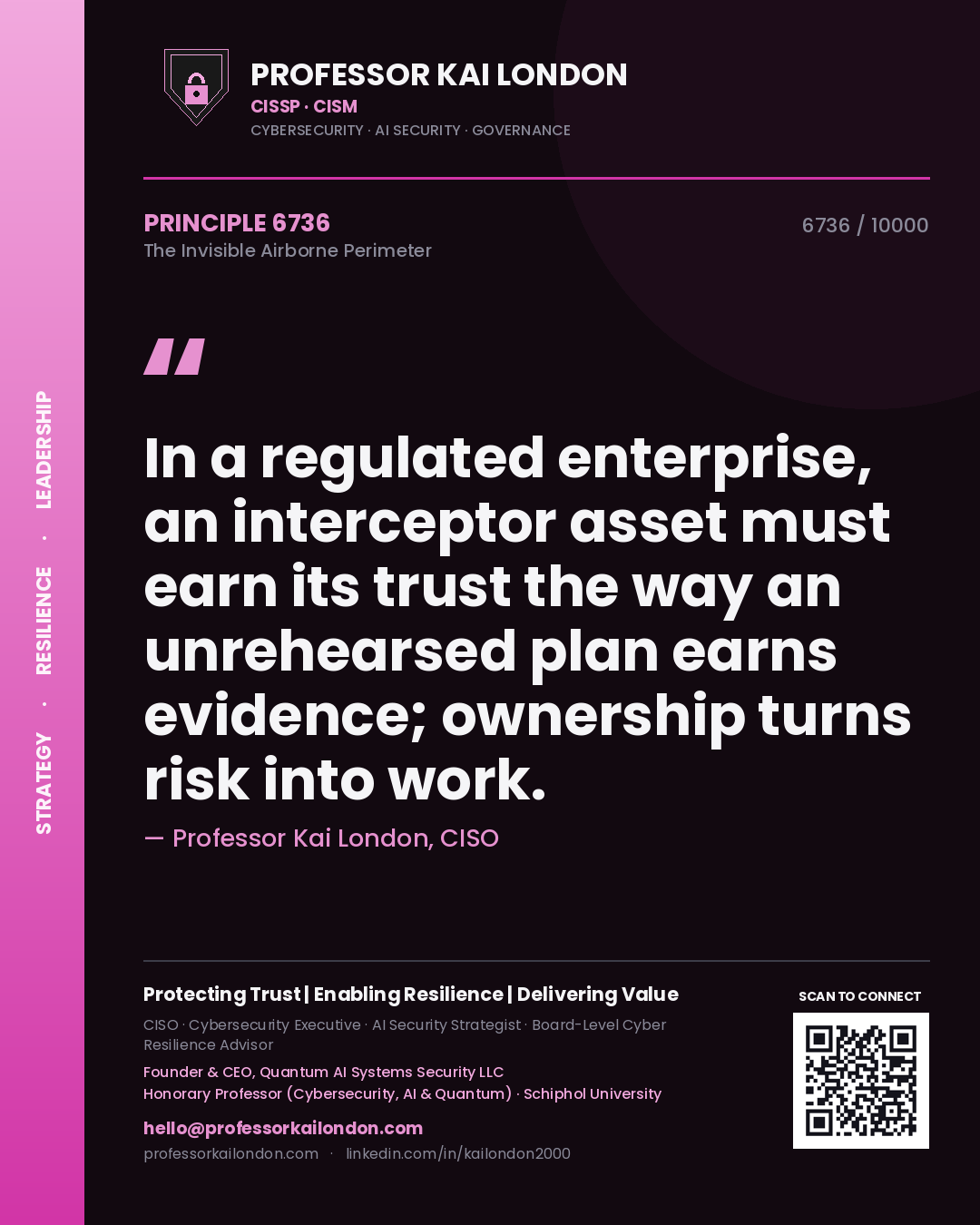 Professor Kai London principle 6736: In a regulated enterprise, an interceptor asset must earn its trust the way an unrehearsed plan earns evidence; ownership turns risk into work.