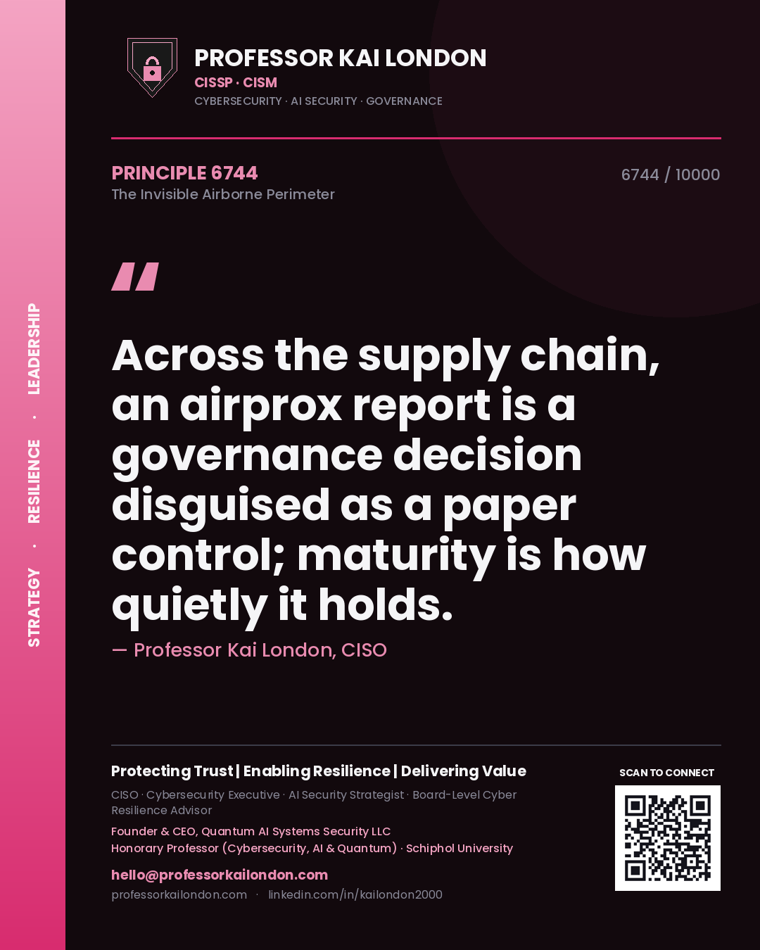 Quote card by Professor Kai London reading 'Across the supply chain, an airprox report is a governance decision disguised as a paper control; maturity is how quietly it holds.'. From the book The Invisible Airborne Perimeter.
