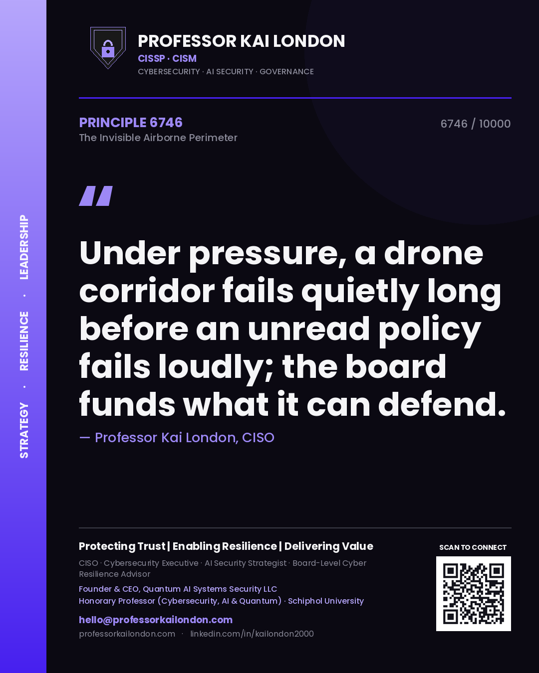 Quote card by Professor Kai London reading 'Under pressure, a drone corridor fails quietly long before an unread policy fails loudly; the board funds what it can defend.'. From the book The Invisible Airborne Perimeter.