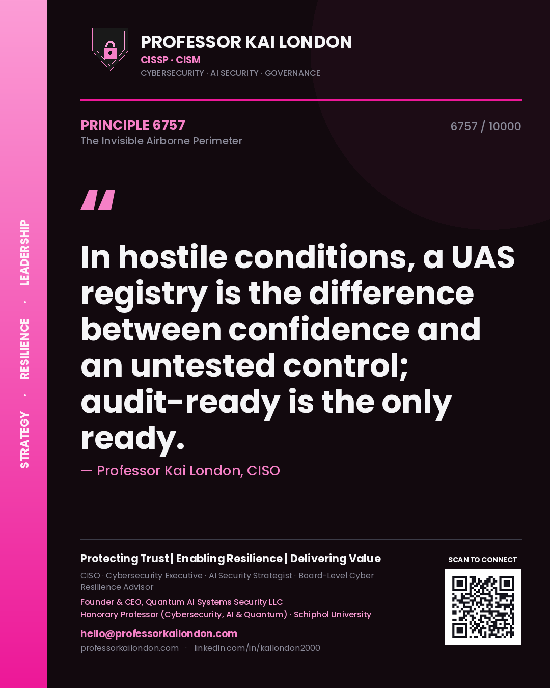Professor Kai London principle 6757: In hostile conditions, a UAS registry is the difference between confidence and an untested control; audit-ready is the only ready.