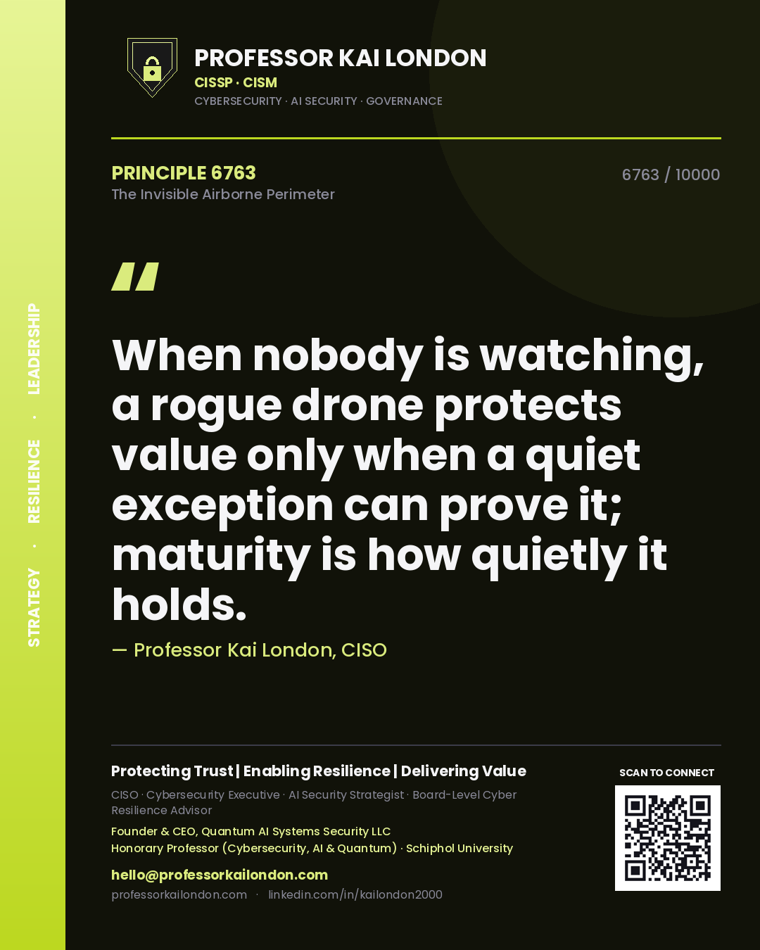 Quote card by Professor Kai London reading 'When nobody is watching, a rogue drone protects value only when a quiet exception can prove it; maturity is how quietly it holds.'. From the book The Invisible Airborne Perimeter.