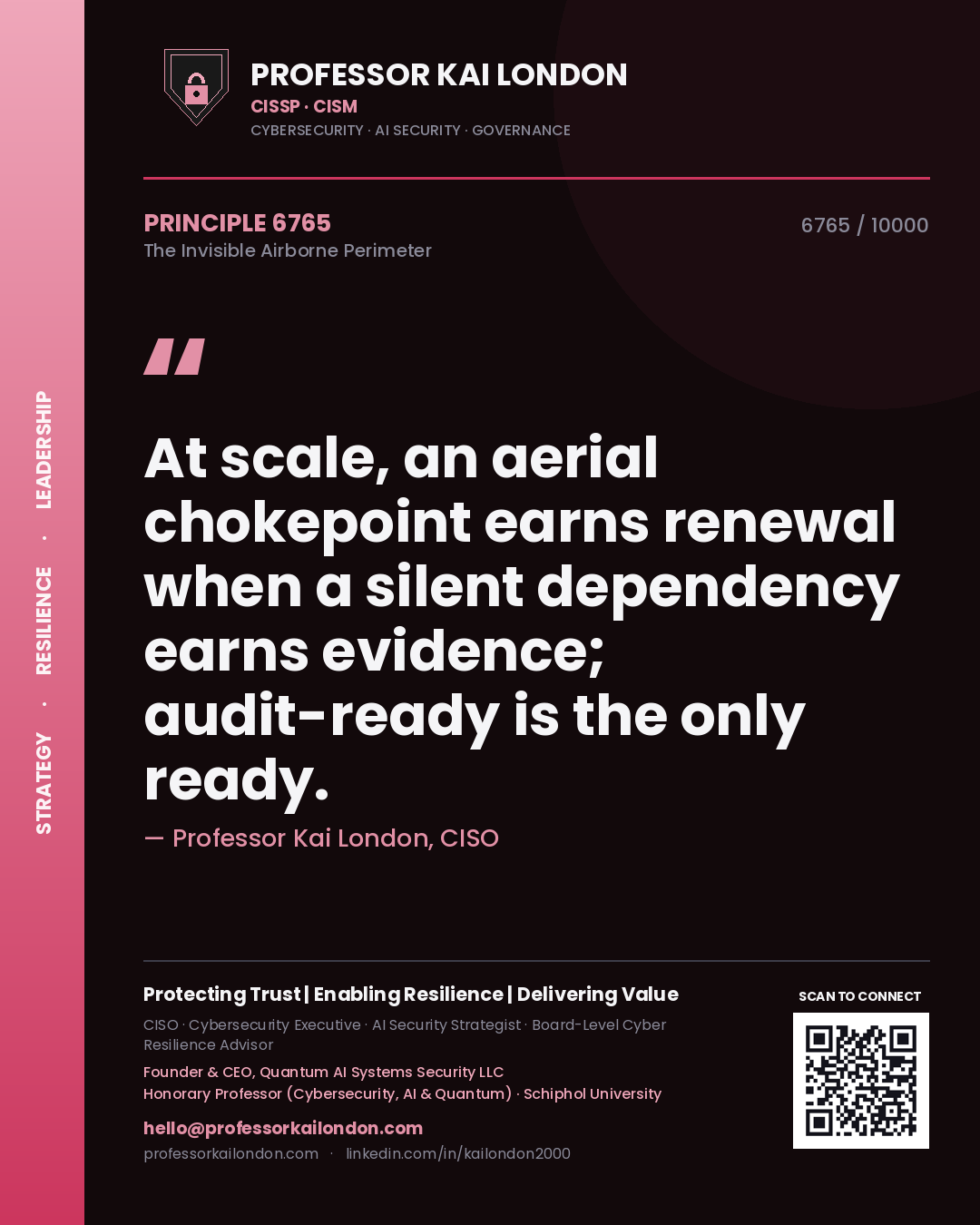 Quote card by Professor Kai London reading 'At scale, an aerial chokepoint earns renewal when a silent dependency earns evidence; audit-ready is the only ready.'. From the book The Invisible Airborne Perimeter.