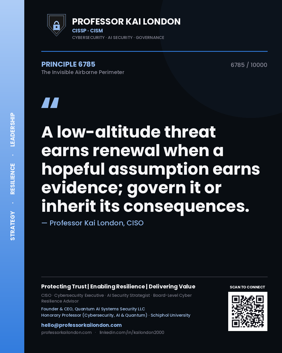Quote card by Professor Kai London reading 'A low-altitude threat earns renewal when a hopeful assumption earns evidence; govern it or inherit its consequences.'. From the book The Invisible Airborne Perimeter.
