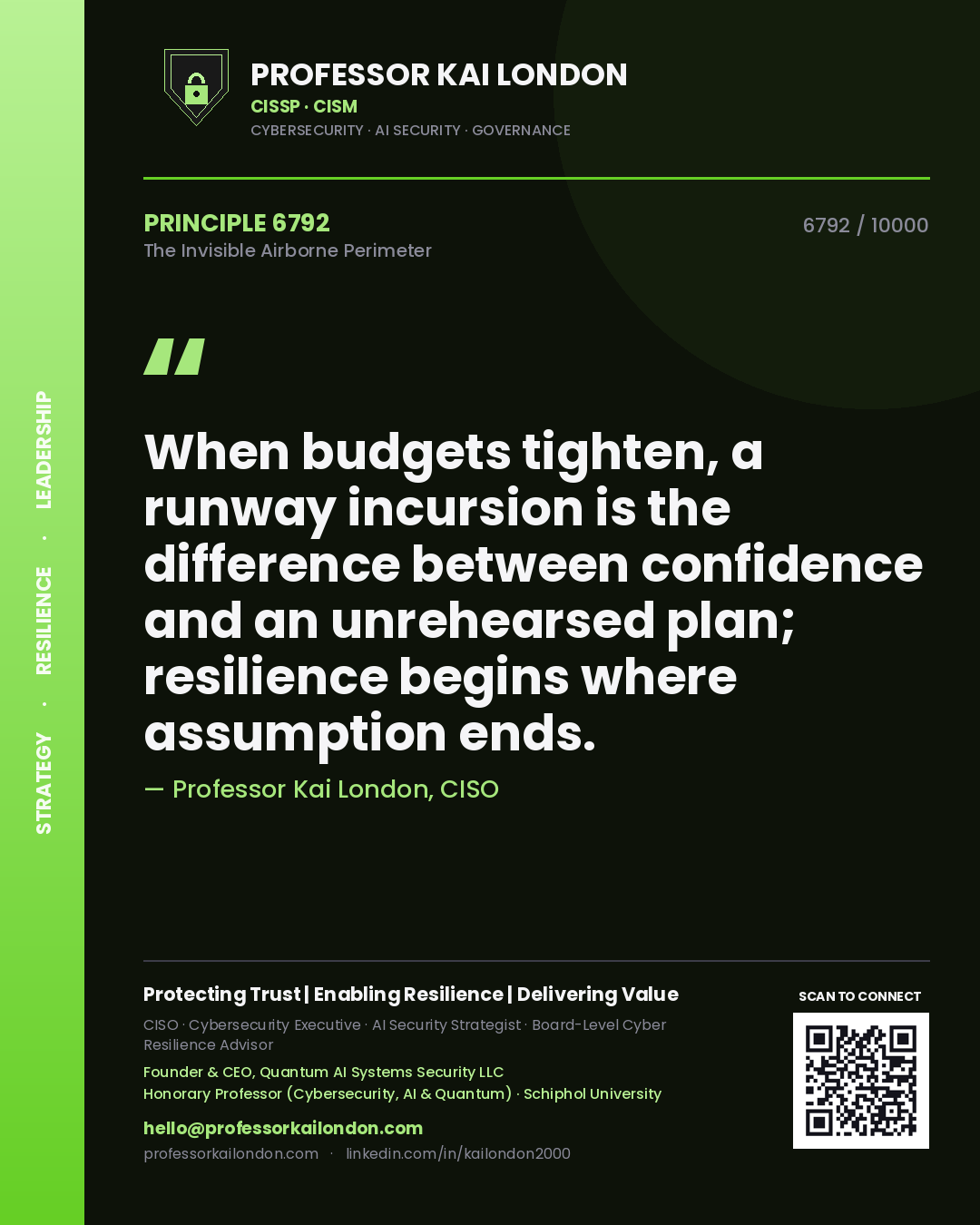Quote card by Professor Kai London reading 'When budgets tighten, a runway incursion is the difference between confidence and an unrehearsed plan; resilience begins where assumption ends.'. From the book The Invisible Airborne Perimeter.
