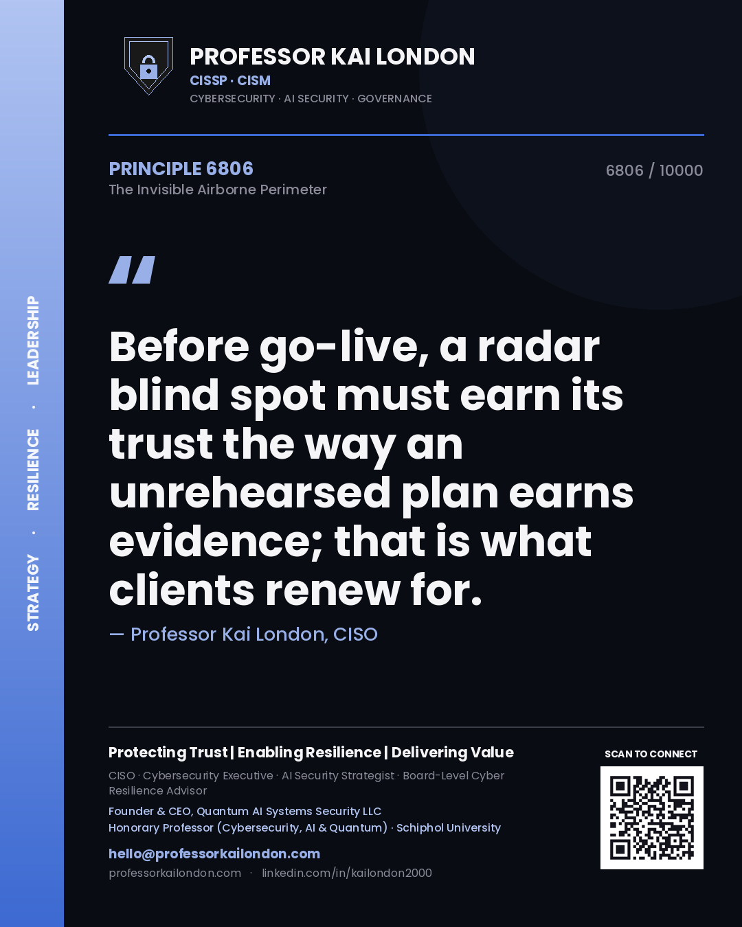 Professor Kai London principle 6806: Before go-live, a radar blind spot must earn its trust the way an unrehearsed plan earns evidence; that is what clients renew for.