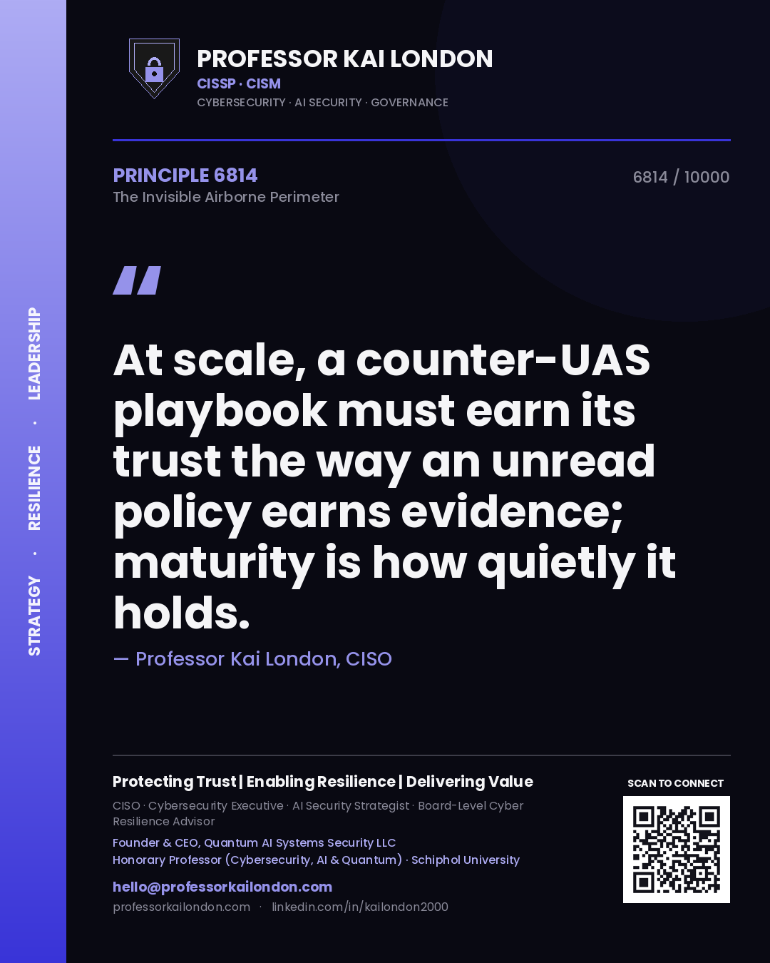 Professor Kai London principle 6814: At scale, a counter-UAS playbook must earn its trust the way an unread policy earns evidence; maturity is how quietly it holds.