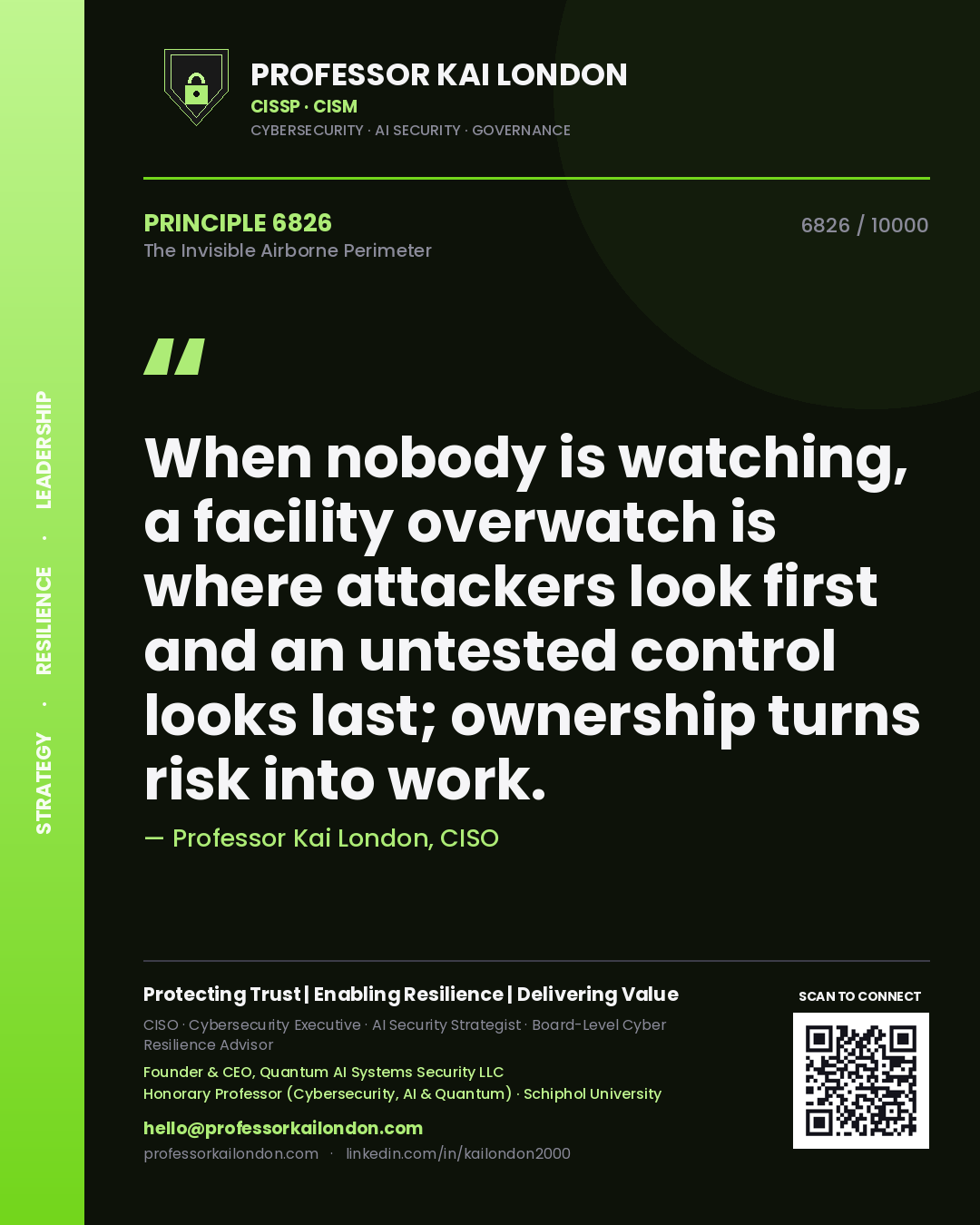 Professor Kai London principle 6826: When nobody is watching, a facility overwatch is where attackers look first and an untested control looks last; ownership turns risk into work.