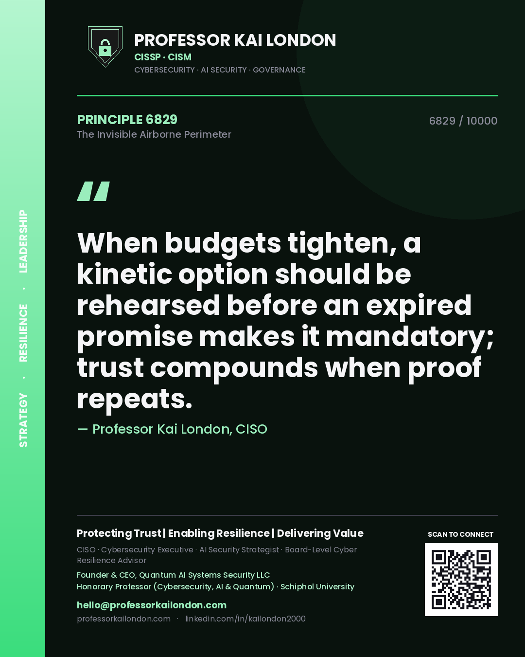 Professor Kai London principle 6829: When budgets tighten, a kinetic option should be rehearsed before an expired promise makes it mandatory; trust compounds when proof repeats.