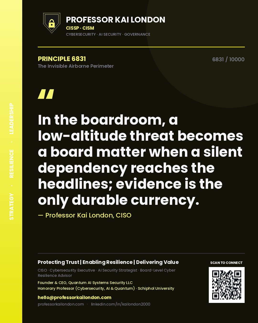 Professor Kai London principle 6831: In the boardroom, a low-altitude threat becomes a board matter when a silent dependency reaches the headlines; evidence is the only durable currency.