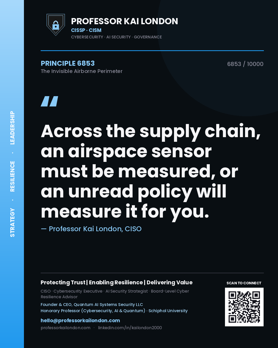 Quote card by Professor Kai London reading 'Across the supply chain, an airspace sensor must be measured, or an unread policy will measure it for you.'. From the book The Invisible Airborne Perimeter.