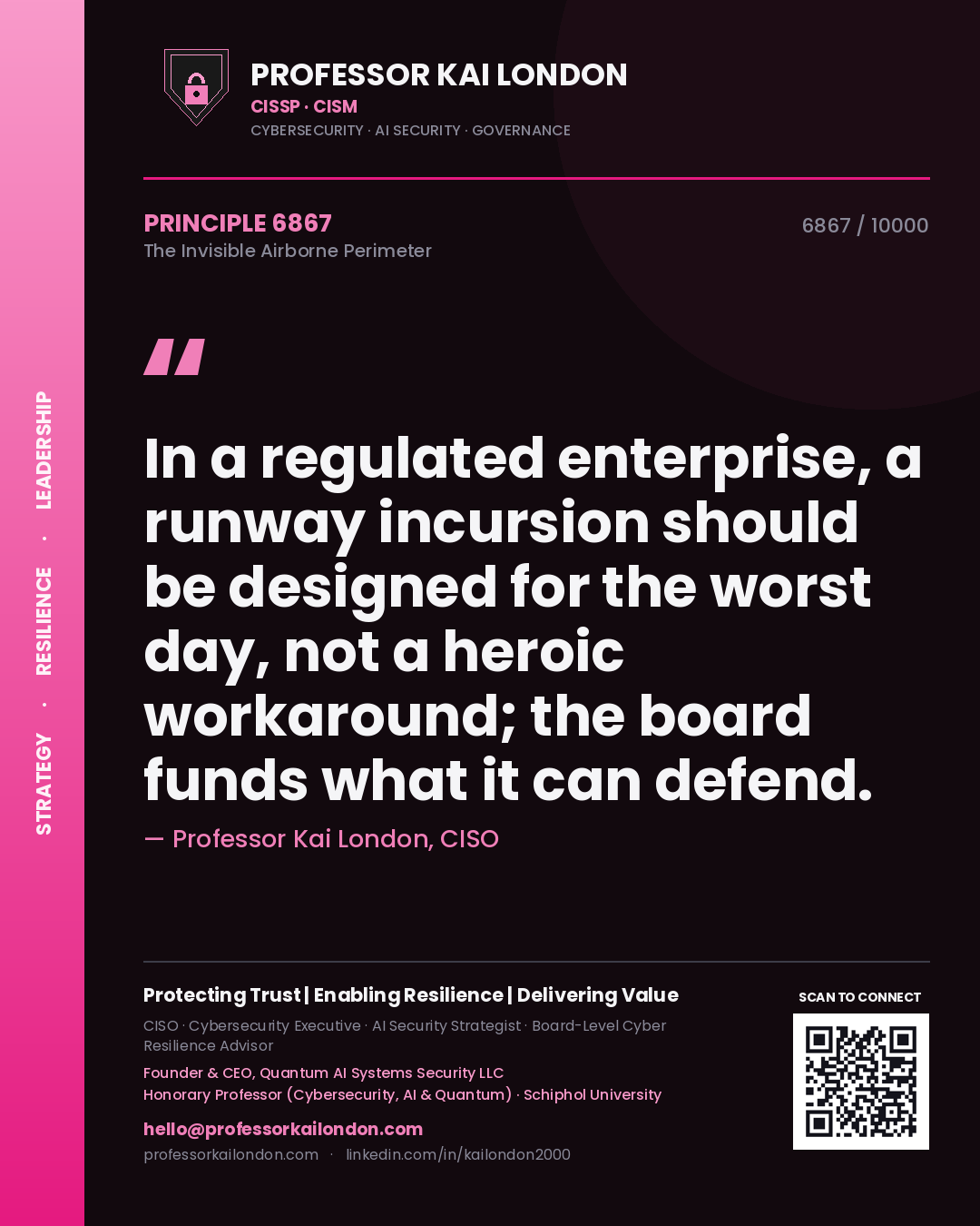Professor Kai London principle 6867: In a regulated enterprise, a runway incursion should be designed for the worst day, not a heroic workaround; the board funds what it can defend.