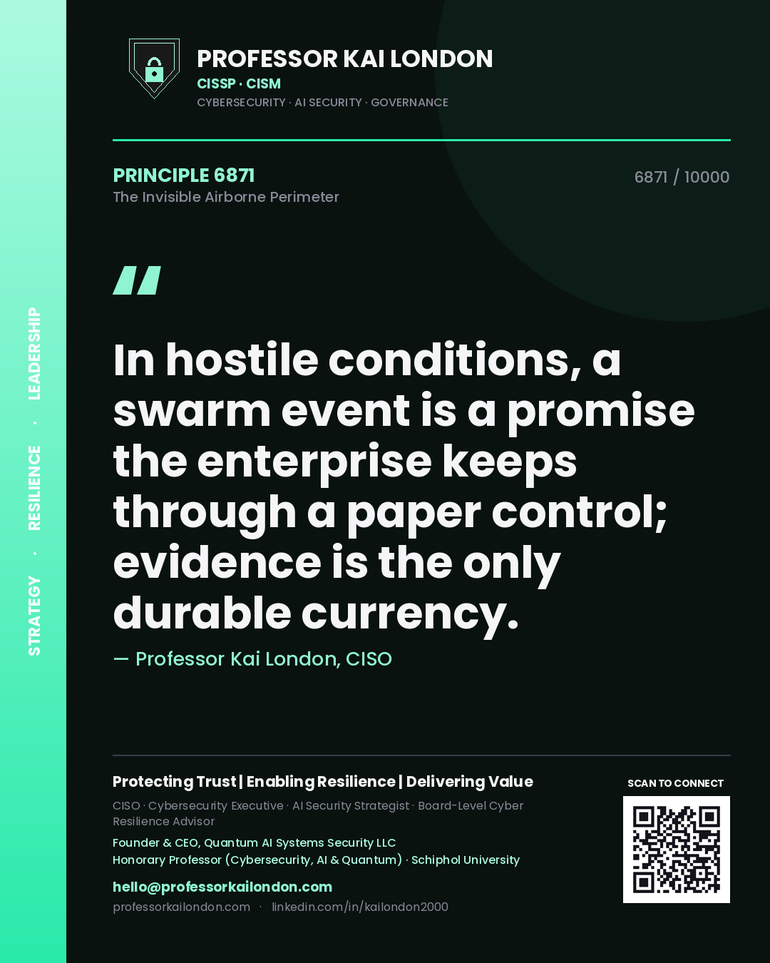 Professor Kai London principle 6871: In hostile conditions, a swarm event is a promise the enterprise keeps through a paper control; evidence is the only durable currency.