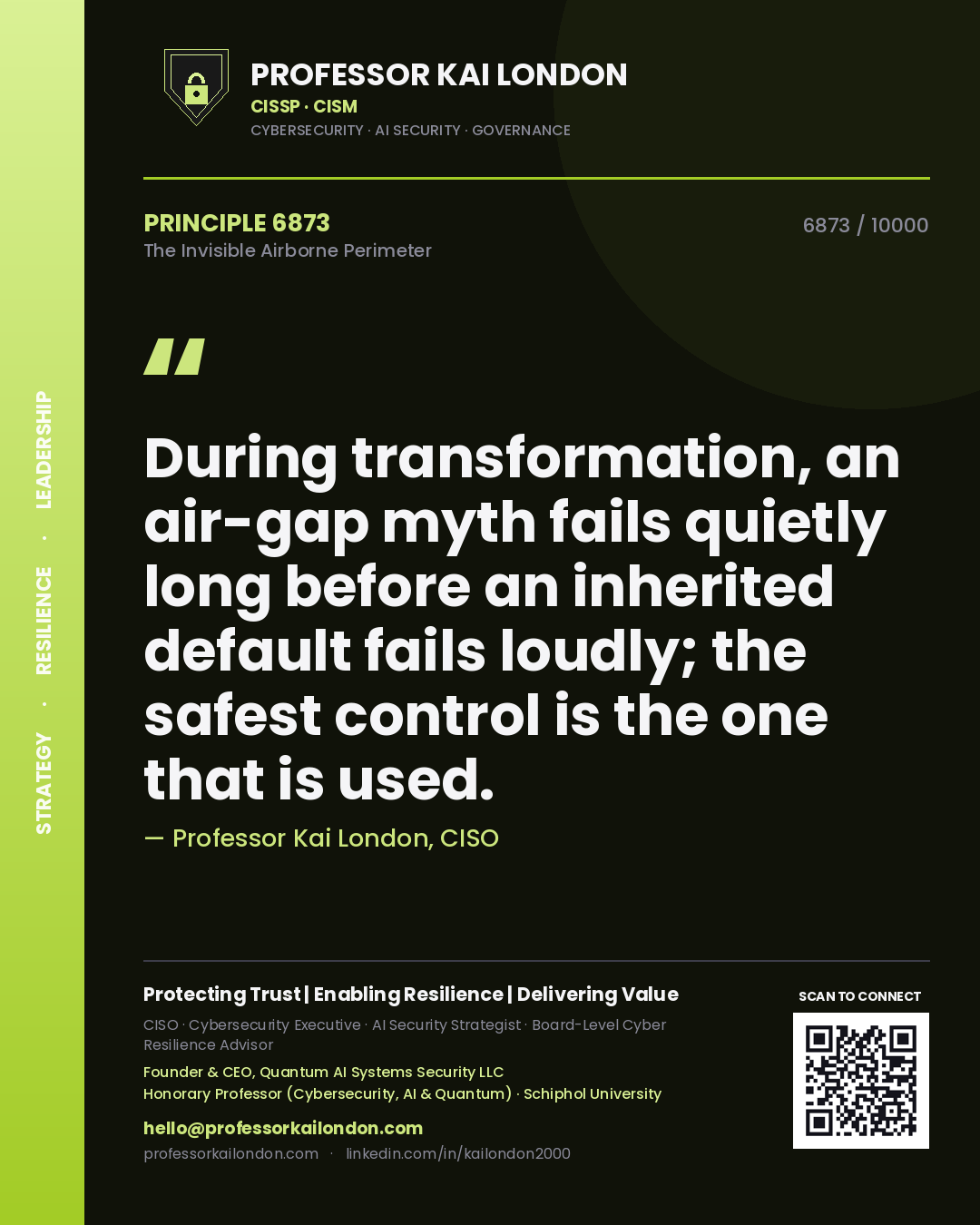 Professor Kai London principle 6873: During transformation, an air-gap myth fails quietly long before an inherited default fails loudly; the safest control is the one that is used.