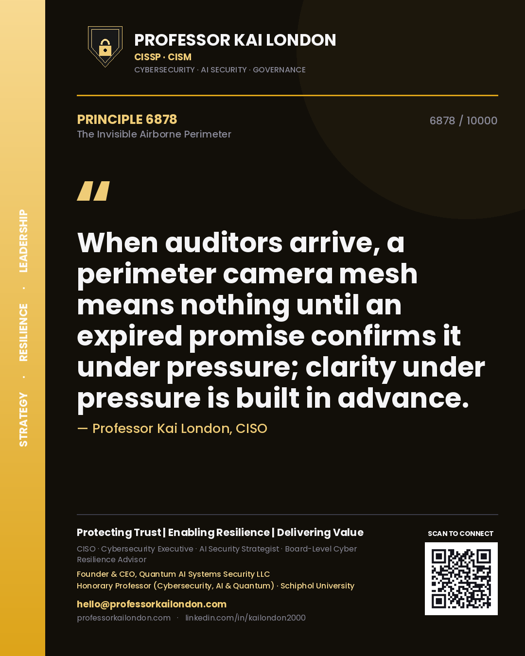 Professor Kai London principle 6878: When auditors arrive, a perimeter camera mesh means nothing until an expired promise confirms it under pressure; clarity under pressure is built in advance.