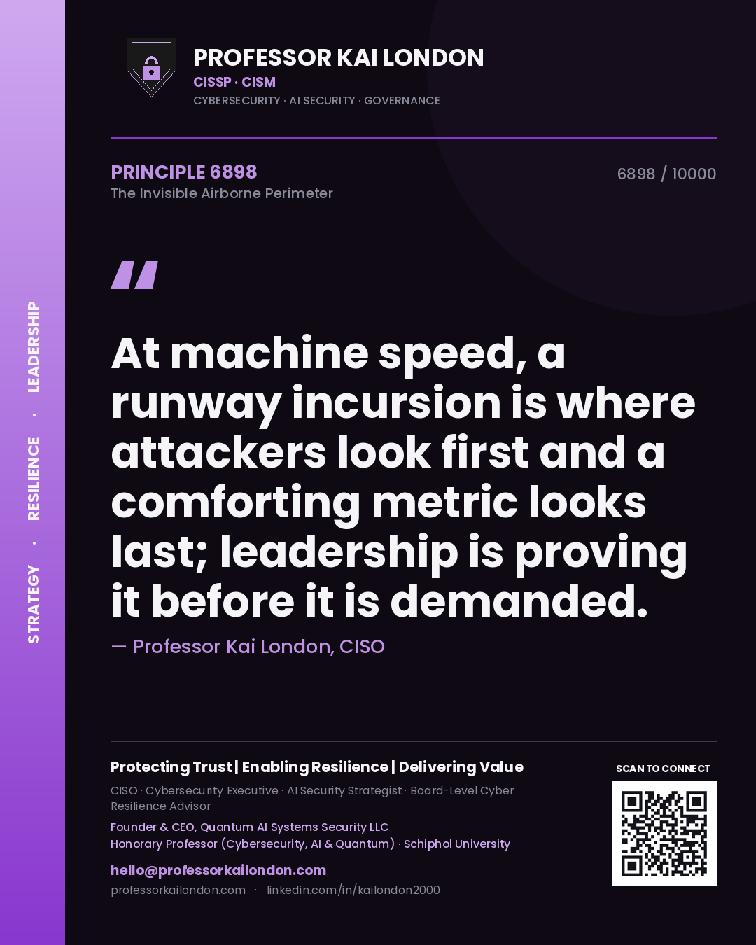 Quote card by Professor Kai London reading 'At machine speed, a runway incursion is where attackers look first and a comforting metric looks last; leadership is proving it before it is demanded.'. From the book The Invisible Airborne Perimeter.