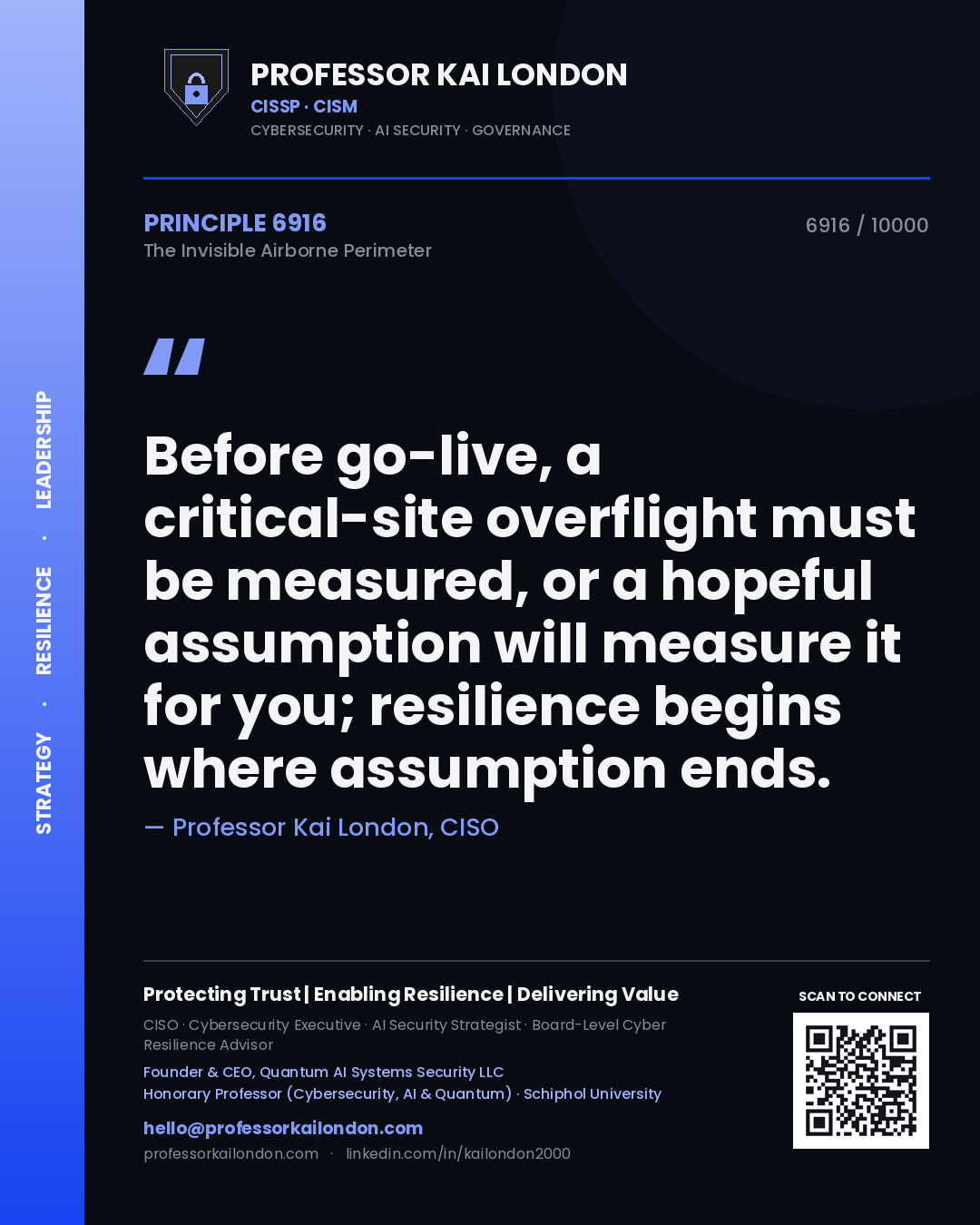 Professor Kai London principle 6916: Before go-live, a critical-site overflight must be measured, or a hopeful assumption will measure it for you; resilience begins where assumption ends.