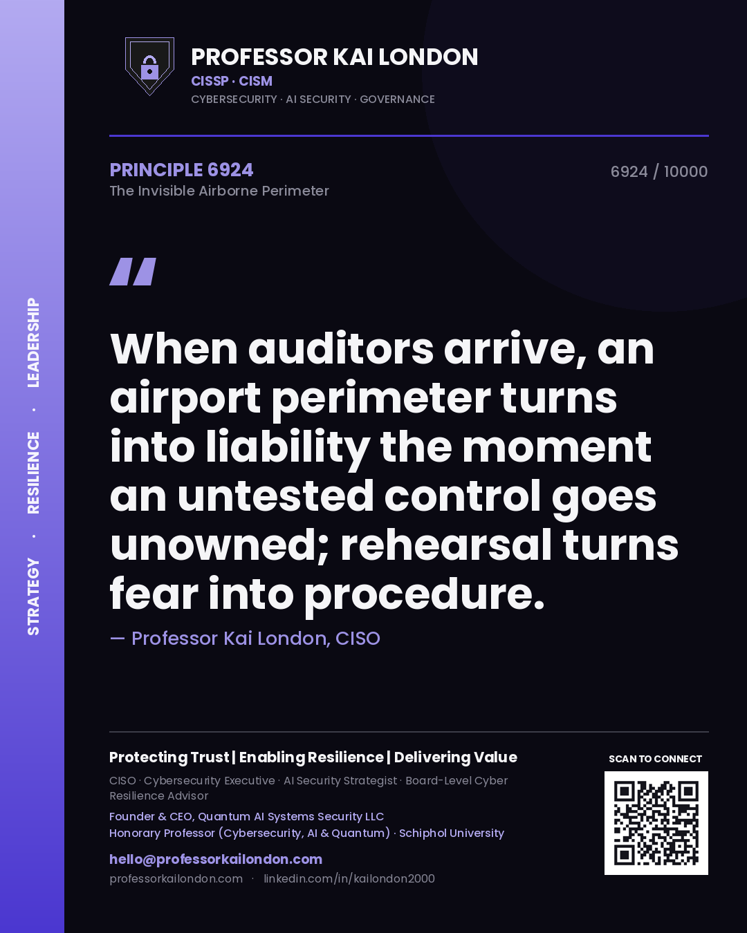 Professor Kai London principle 6924: When auditors arrive, an airport perimeter turns into liability the moment an untested control goes unowned; rehearsal turns fear into procedure.