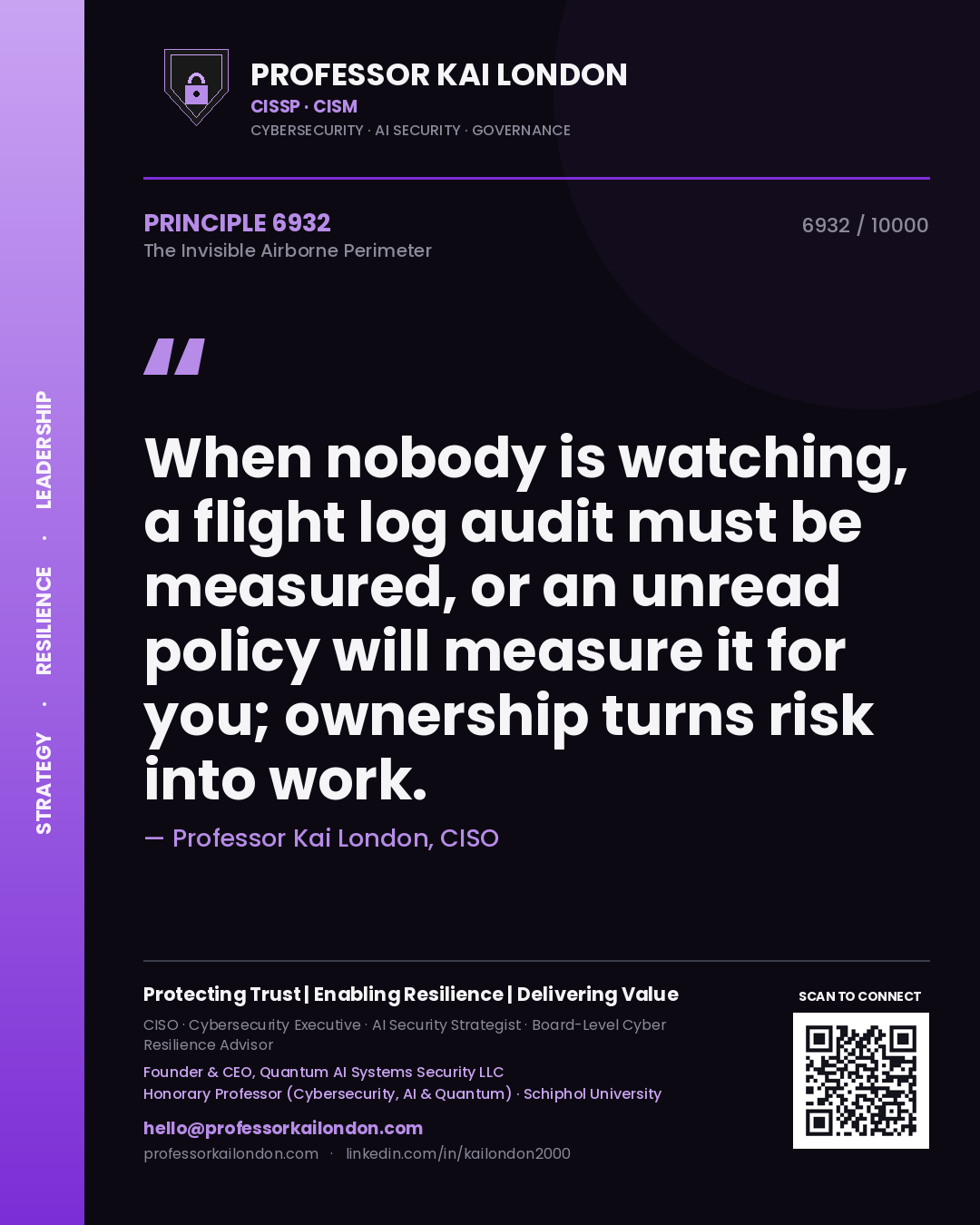 Quote card by Professor Kai London reading 'When nobody is watching, a flight log audit must be measured, or an unread policy will measure it for you; ownership turns risk into work.'. From the book The Invisible Airborne Perimeter.
