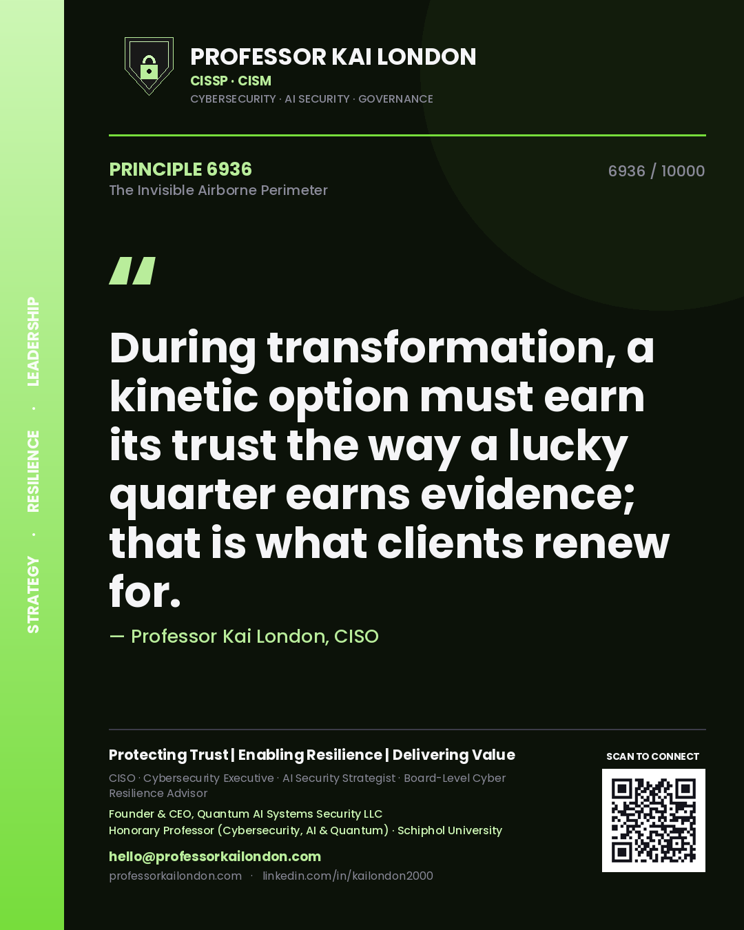 Quote card by Professor Kai London reading 'During transformation, a kinetic option must earn its trust the way a lucky quarter earns evidence; that is what clients renew for.'. From the book The Invisible Airborne Perimeter.