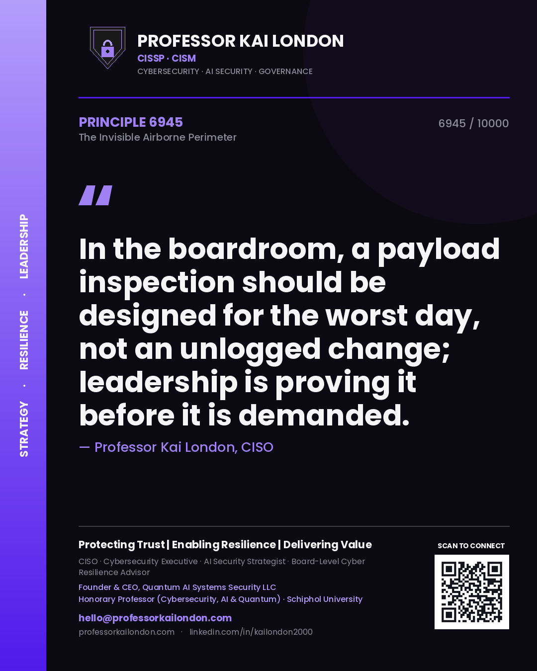 Professor Kai London principle 6945: In the boardroom, a payload inspection should be designed for the worst day, not an unlogged change; leadership is proving it before it is demanded.